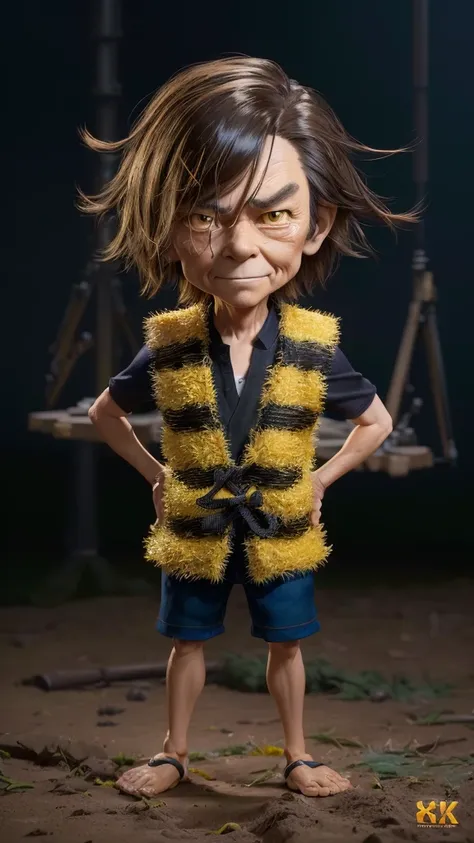 ゲゲゲのKitaro、Kitaro、A cartoon character of a boy wearing a yellow and black vest, pixar Weta portrait, Pixar Portrait 8K Photo, Close-up Character, As a clay animation character, Weta, Full body close-up shot, Stop Motion Characters, Aardmans character desig...