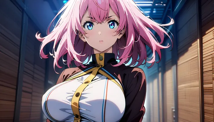 1girl,(long pink hair),(Blue eyes),(Japanese school clothe),(raise gun forward)،(big breasts),(masterpiece:1.5), (8k details:1.3), (unlimited details:1.2), (best eyes:1.4), (ultra clothes details:1.3), (highly detailed background), (vibrant colors), (dynam...