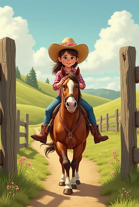 drawing of a five-year-old cowgirl riding a horse with a flowery hat and a wooden fence