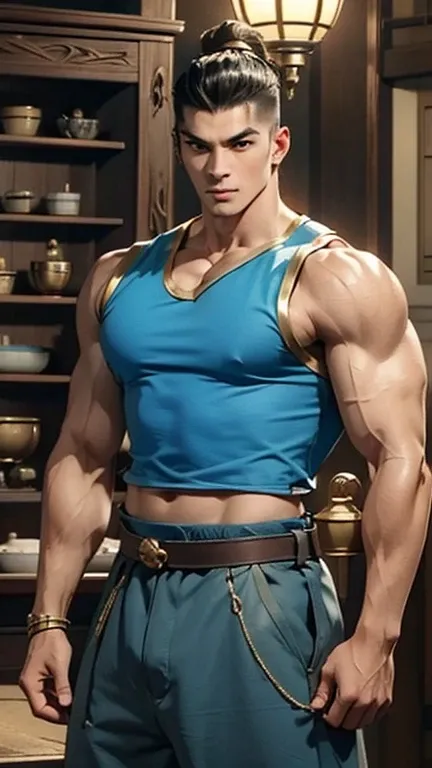 a genie of the lamp transforms into a handsome, strong and muscular Japanese man who wears a blue and gold sleeveless shirt, oatmeal haren pants, wears a high ponytail and shaved sides, showing off his biceps, pectorals and abs