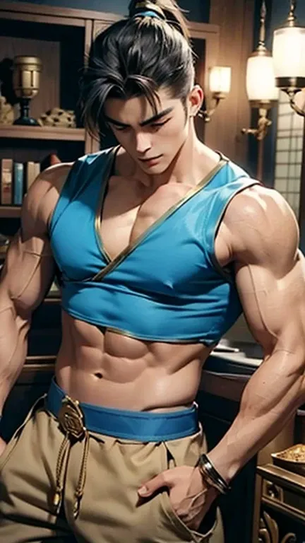 a genie of the lamp transforms into a handsome, strong and muscular Japanese man who wears a blue and gold sleeveless shirt, oatmeal haren pants, wears a high ponytail and shaved sides, showing off his biceps, pectorals and abs