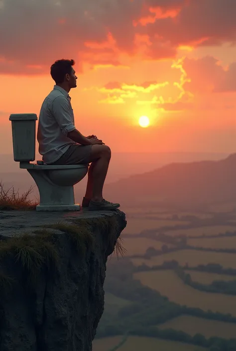 A man sitting in the toilet which is placed at a countryside cliff at sunrise