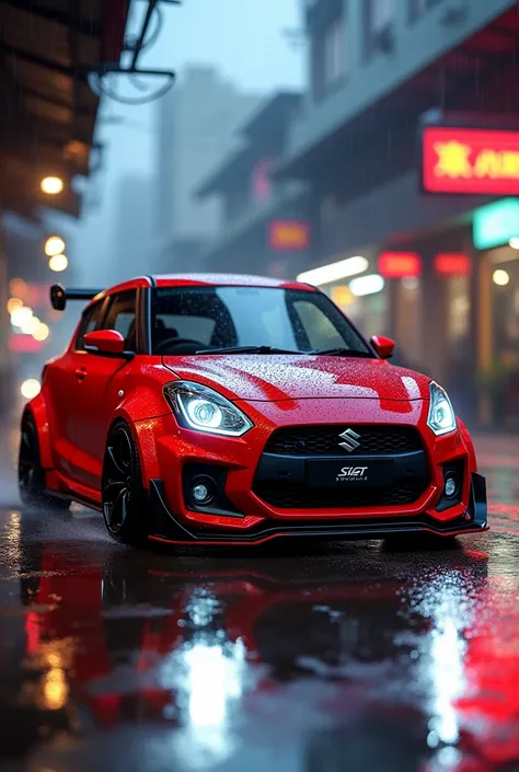 Suzuki Swift red metalic with body kit, on wet streets in indonesia