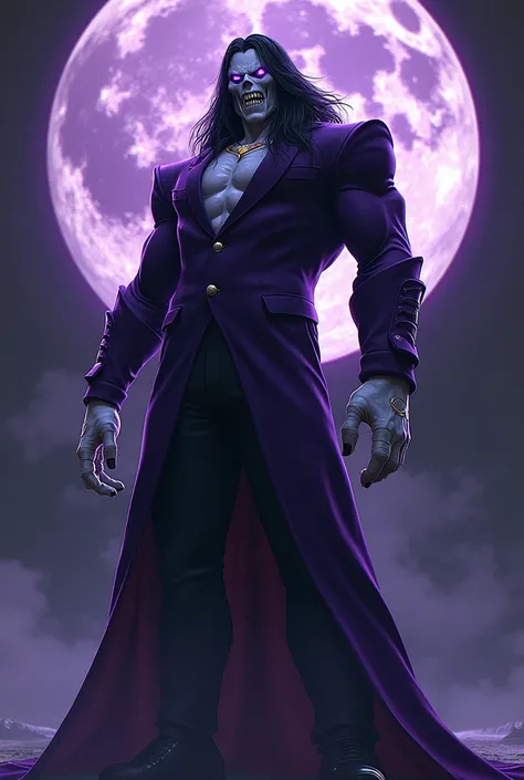 3D character, a demon, vlad plasmius very tall dressed in a suit with a jewel on his neck, violet, very classy, Fangs, In the middle, picollo daimacu, very long black hair, Violet  eyes, beautiful eyes, large circular reflective zangetsu, large white glove...