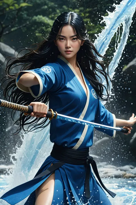 (very detailed CG Unity 8k 벽지,masterpiece, best quality, very detailed),(Amazing lighting, Dynamic camera angles),Water sword, Blue water splash,brook, flowing water, Beautiful girl with long black hair, Elegant martial arts uniform,Watercolor, 70s retro f...