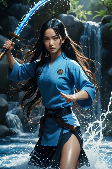 (very detailed CG Unity 8k 벽지,masterpiece, best quality, very detailed),(Amazing lighting, Dynamic camera angles),Water sword, Blue water splash,brook, flowing water, Beautiful girl with long black hair, Elegant martial arts uniform,Watercolor, 70s retro f...