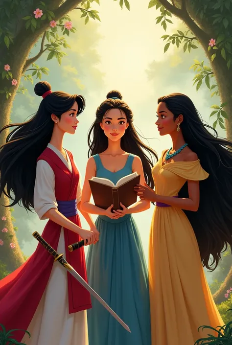 Make a picture together with mulan, belle and pocahontas