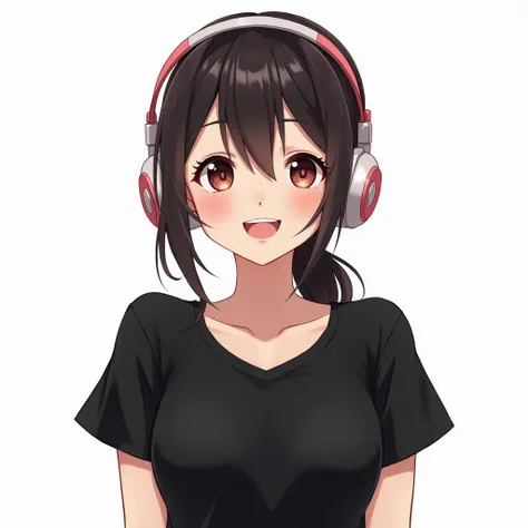 Japanese teenage girl with long hair tied to the side with big-eyed smiling expression ,wearing a black t-shirt ,ultra HD,ultra 4k,realistic, white background, waist-length photo,big chested, while wearing earphones