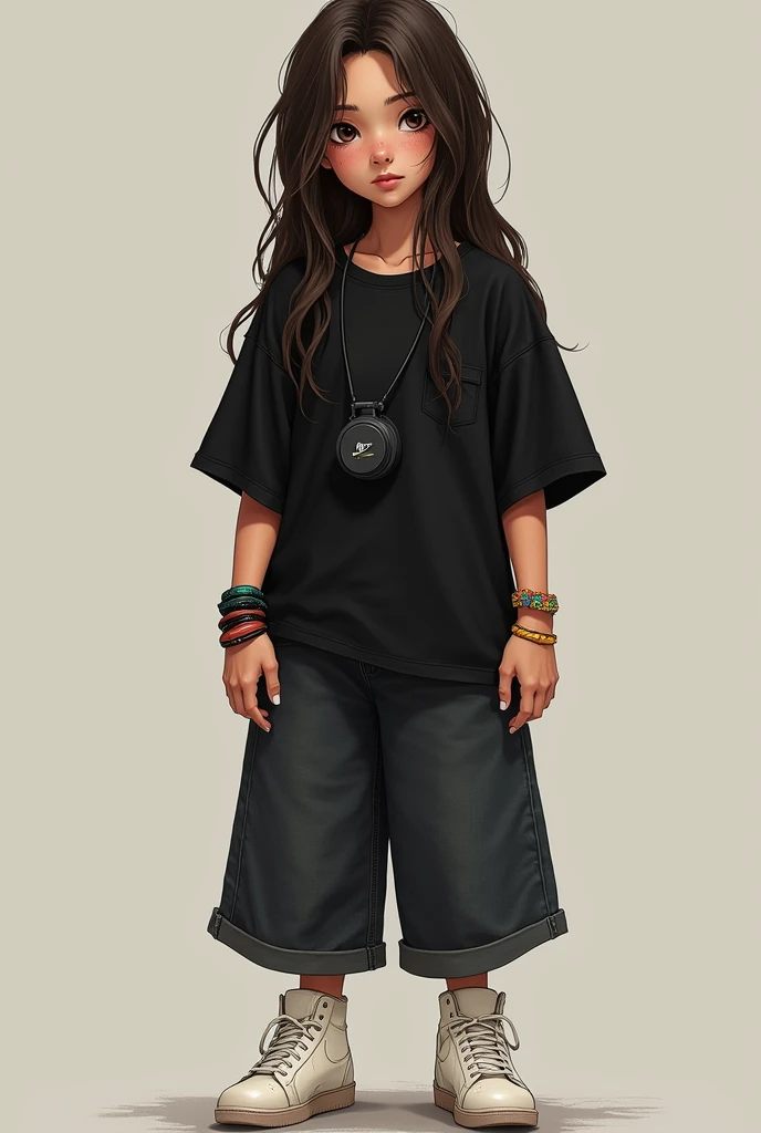 Une fille avec les cheveux brun avec une wolf cut des yeux brun foncé des habits larges et noirs un short en jean noir long et tee-shirt large des baskets blanches nike des joues légèrement roses et un grin de beaute sur la joue des bracelets brésilien col...