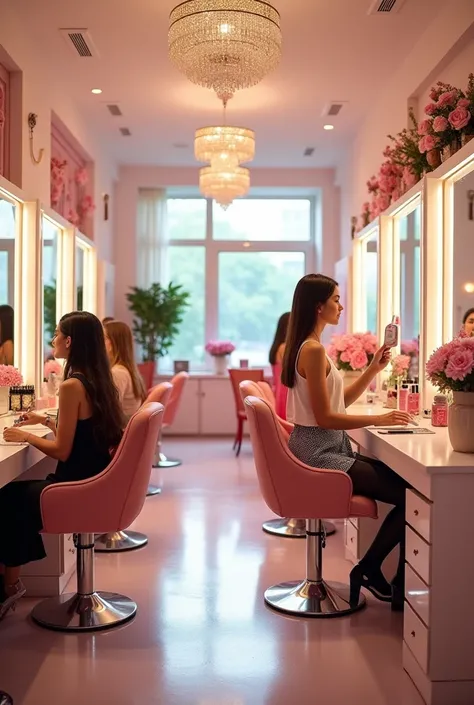 Une  salle de maquillage et coiffure type girly et moderne et bien décoré avec des lumières