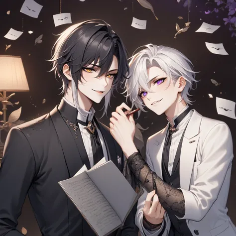 Cute boy villain white hair small fangs smiling boy Writing down in the notebook leaves flying notes names, background, violet eyes with elegant boyfriend, black fine clothes, pale, black hair, lace in hands 