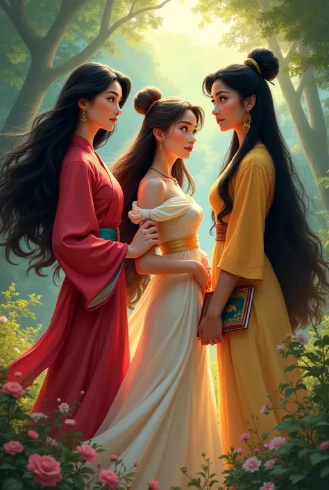 Make a picture together with mulan, belle and pocahontas