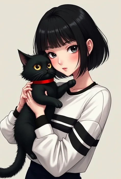 black bob hair cut girl with dark black eyes, using white striped pattern shirt, holding a black cat with a red collar, blushing cheeks, using a glasses