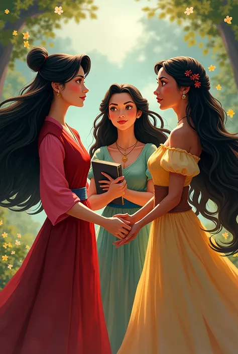 Make a picture together with mulan, belle and pocahontas