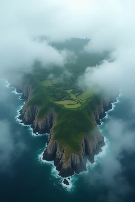 Aerial view of a beautiful island, but it is taken by a gray fog.