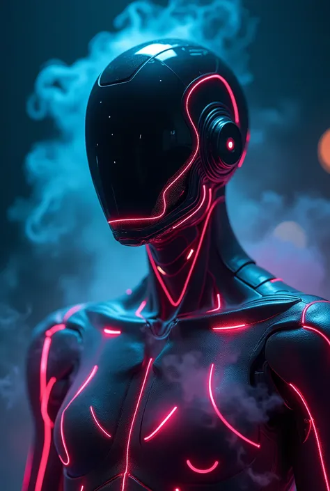 A close-up shot of a cyborgs neon-lit body, bathed in the soft glow of lightstreaks (night: 1.4) against a dark background, with steam wisps dancing across its chest. The camera captures a masterpiece of depth of field, blurring the surrounding shadows whi...