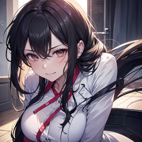 a nurse aide, with long dark hair, piercing gaze, and a stern expression, no cap, full body view, high resolution, detailed, anime-style illustration, beautiful black hair, almond-shaped eyes, brown eyes, looking down with an intense, psychotic demeanor, l...