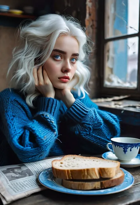 at the table sits a girl with white hair, wearing a big oversized jumper, tears in her big blue eyes, on the table there is a glass with tea of cloudy colour, on a saucer there is (((a small crust of bread))), in the background ((the window is covered with...