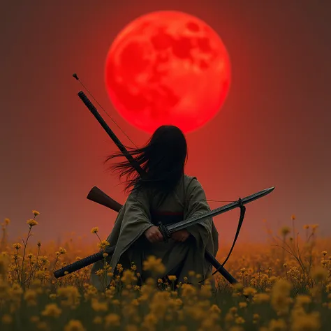 realistic photo. a boy with an upright body. long hair. carrying a complete weapon and a samurai sword. sitting on mustard. while holding his weapon. the background of the red moon on the battlefield of the Japanese dynasty era.