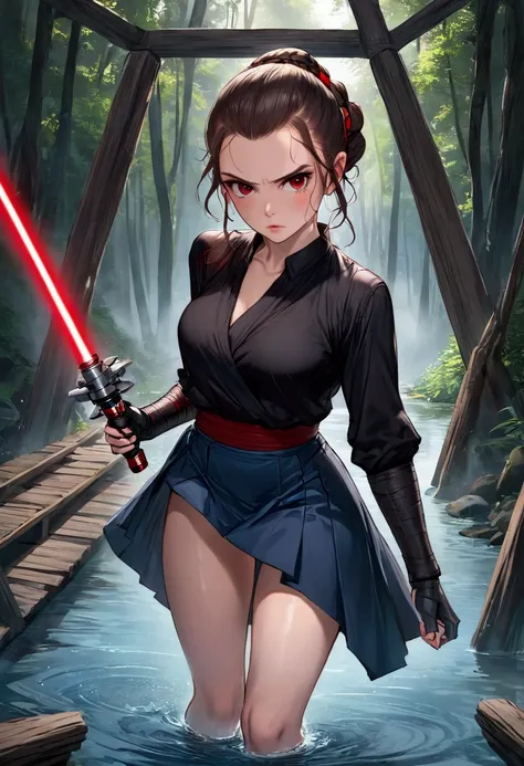 sith rey skywalker, red eyes, holding a red lightsaber, wears a cleaveage dark blouse, and a mini blue skirt, standing in hangin...