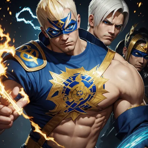 a portrait of a man with short white bob hair, a white and gold wrestler mask and a gold star on his forehead, torso with the (((Ramónof the King of Fighters)) shirt, blue pyrokinesis