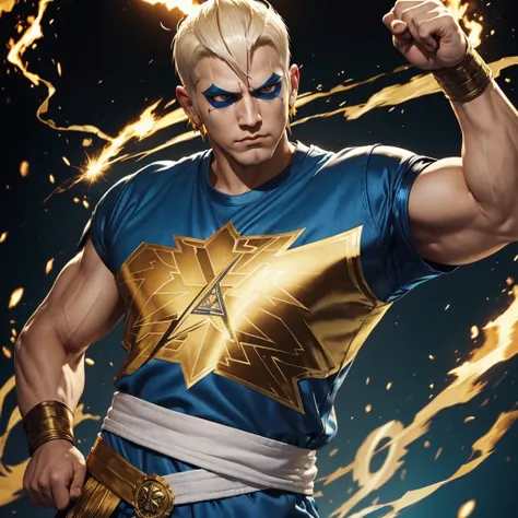 a portrait of a man with short white bob hair, a white and gold wrestler mask and a gold star on his forehead, torso with the (((Ramónof the King of Fighters)) shirt, blue pyrokinesis