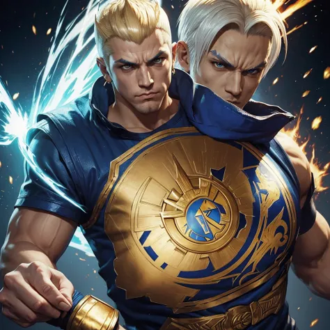 a portrait of a man with short white bob hair, a white and gold wrestler mask and a gold star on his forehead, torso with the (((Ramónof the King of Fighters)) shirt, blue pyrokinesis