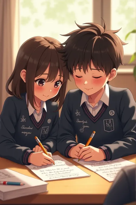 A girl and boy sit together in school uniform and Write on both of school uniform YMS 
