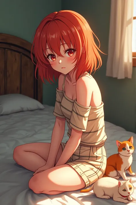 A red-haired teen in striped naked, sitting on a wooden bed with a cat, soft light, anime style