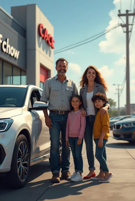 Lower class man with family getting dream car in front of dealership