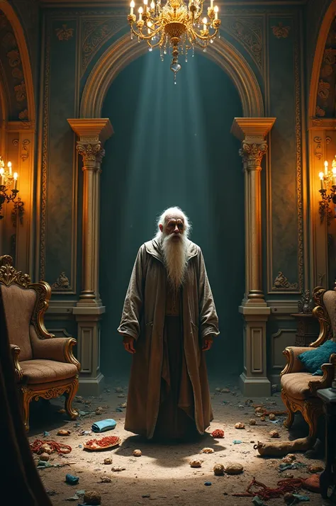 Create an old man living disgustingly in a luxurious Disney-style undercover castle 