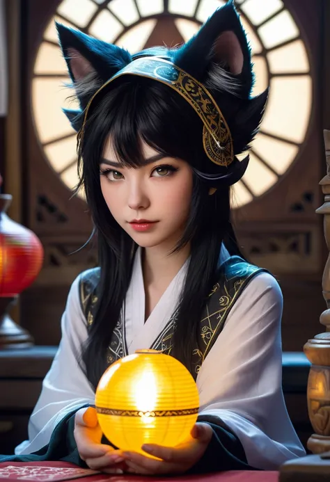 Monster Girl, Cat ear,20th Generation, fortune teller,Realistic Women, Black Hair,cute,front