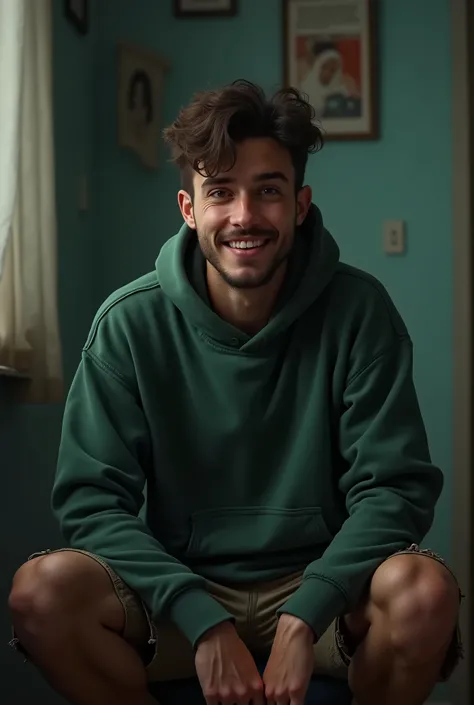 Picture a man, wearing a green hoodie, short cargo pants, smiling but sad face, room feel, dim light, details, complicated, twilight effect