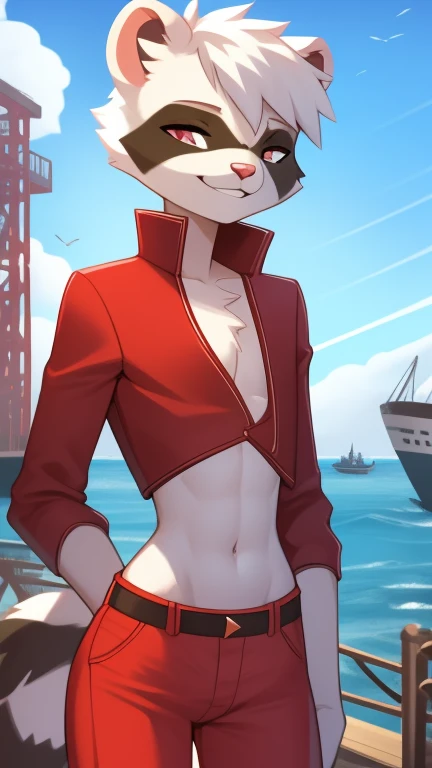 Best quality, Super detailed illustration, (furry ferret boy:1.4) , feminine face and body, disheveled thick white hair, red coat, red pants, smug smile, half-closed eyes , against the background of the harbor, femboy, small waist, wide hips, slim, perfect...