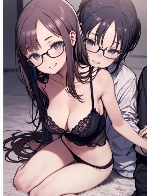 A woman in underwear sitting on a man kneeling、Attach cheek cane、(Grin)、Lingerie、Glasses、Watching the audience、Cleavage、Big Breasts、Crossing your legs、