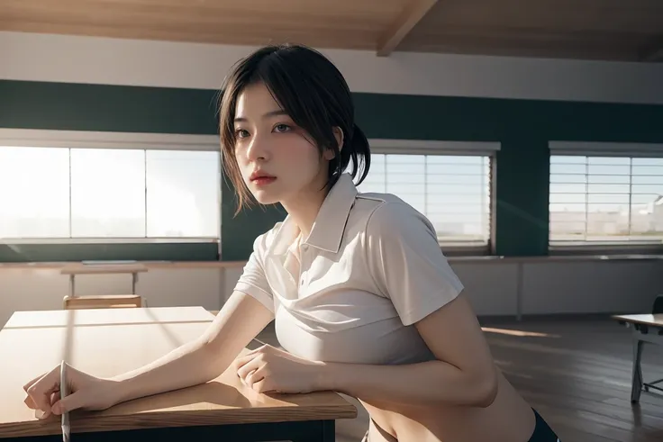 1 girl, ภาพช็อตของ re4ashley, about sports, black , white shirt, classroom, volumetric light, best quality, masterpiece, complic...