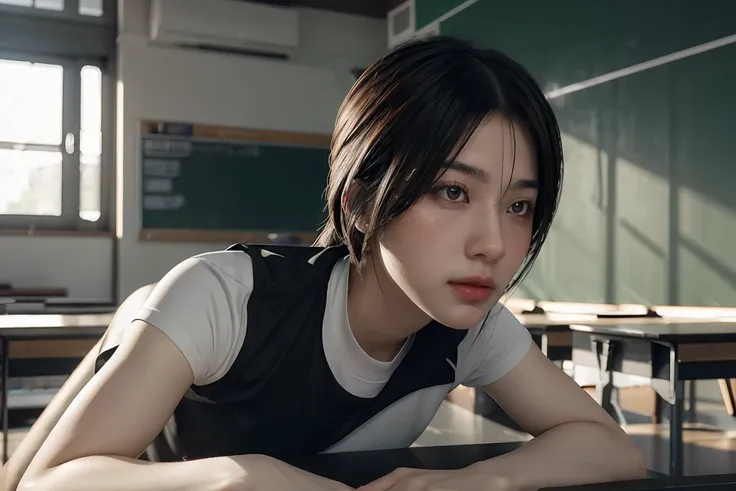 1 girl, ภาพช็อตของ re4ashley, about sports, black , white shirt, classroom, volumetric light, best quality, masterpiece, complic...