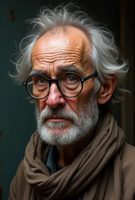 Homeless man with receding hairline and disheveled hair and little hair in the middle of his head and with glasses but 4 and a teacher and a scarf 