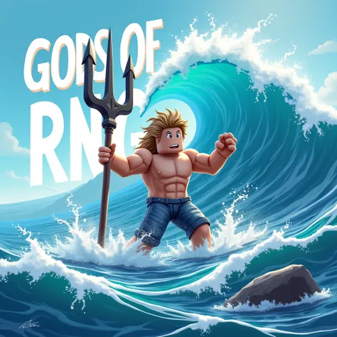 Posidon shooting water with his trident a wave is behind him as a roblox characters (add text saying “Gods of RNG” in the background and make it big)