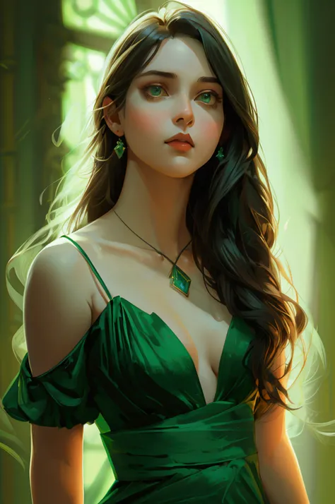 financial and investment world, particularly in the context of stocks and cryptocurrencies, full body girl , full standing character i green dress , looks like a strong lady, proudly 