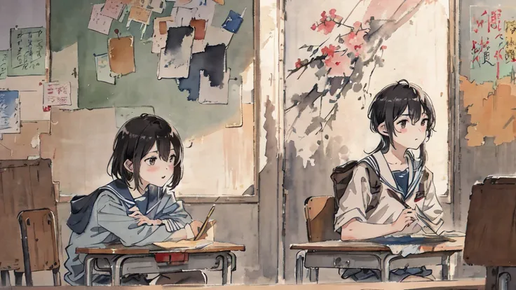 watercolor:1.2), watercolor, high school student, 2 people, School classroom, profile,、Painting (Moderate),mechanical、neighbor.、friend、OK、friend、A good friend、Fun conversation