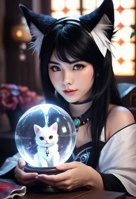 Monster Girl, Cat ear,20th Generation, fortune teller,Realistic Women, Black Hair,cute,Face forward