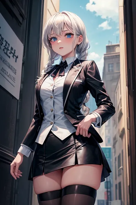 Elegant Office, 性感的金发Girl, (Lovely:1.3), (white skin), (braid:1.2), blue eyes, (cosmetic), (Long legs), (Girl in business jacket and mini skirt:1.4), (Girl wearing lace details:1.2), (Scenery under the skirt:1.2), (The girl was scared:1.3), (The girl is ex...