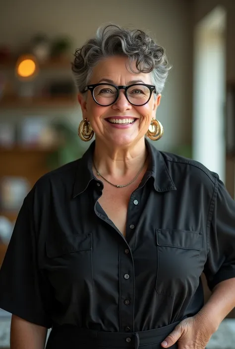 A fat woman, wearing round glasses with a very high prescription, appearing to be up to 3, thin face, thinner nose , very curly and very short hair hoop earrings in the ears, shorts below the knee, black wide smiling shirt