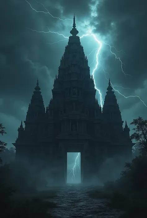 A horrific ancient hindu temple at night black sky and lightning 