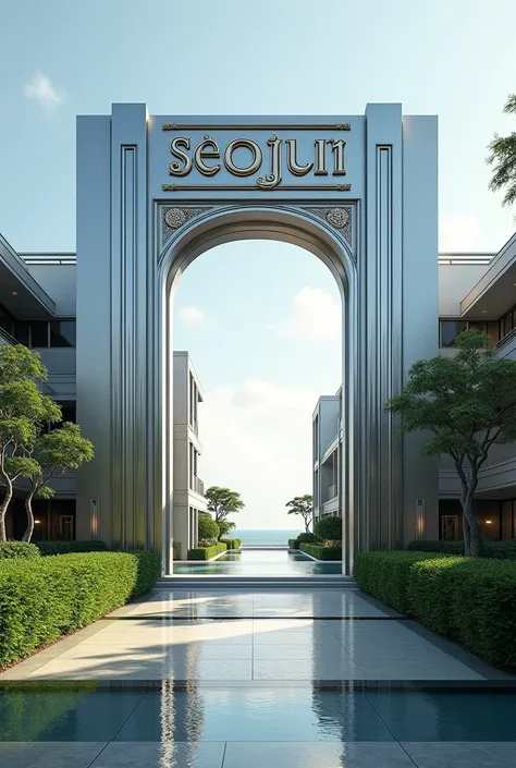 Create a silver villa with the words "Seojun" written in front of the house.