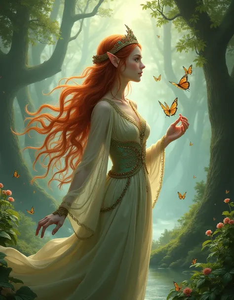 young, beautiful, redhead, dark green eyes, elven dress, tiara, elf, sorcerer, fantasy, magical, whole body, land scape, playing with butterflies