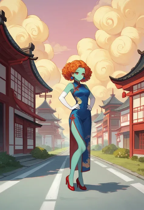 snkegirls, 1girl,snakeway,road, pink sky, (yellow cloud:1.3),solo,teal skin,blue china dress, white elbow gloves, orange hair, red eyes, curly hair,red high heels, smile,japanese castle,full body,hands on hips,looking at viewer,earrings, white feather boa,...