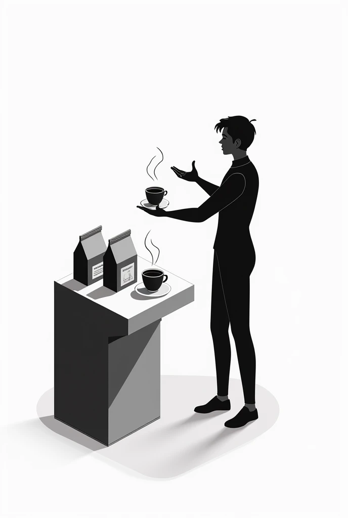 I need black and white axonometric silhouettes of a person offering coffee, with a table-type stand with coffee bags on top