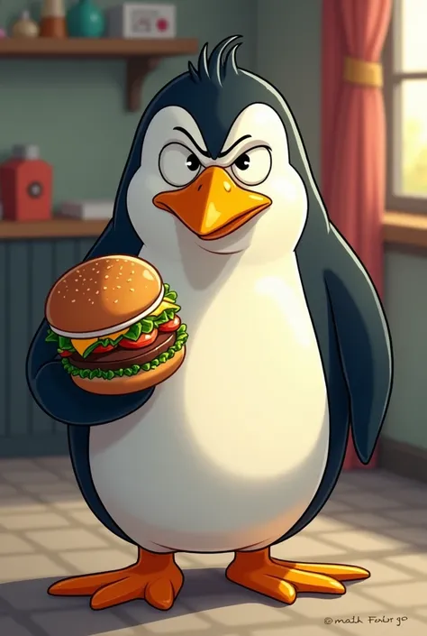 An adult cartoon penguin named Skipper holding a hamburger in his right hand